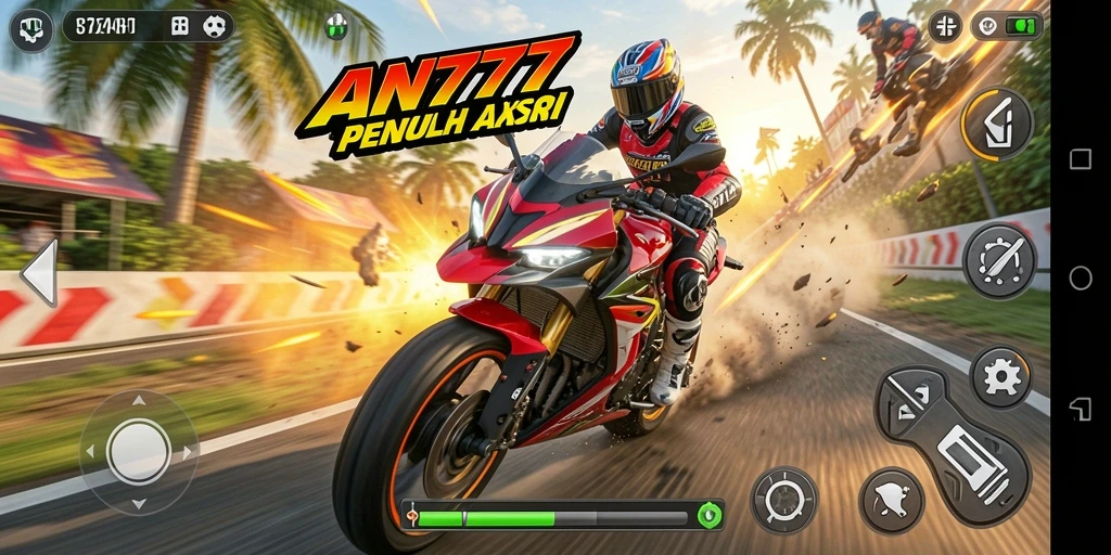 Screenshot AN777 menampilkan intensitas balapan motor yang mendebarkan.