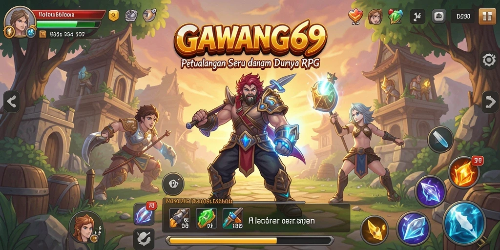 Tangkapan layar gameplay GAWANG69 yang menunjukkan pertempuran epik dan karakter menarik.